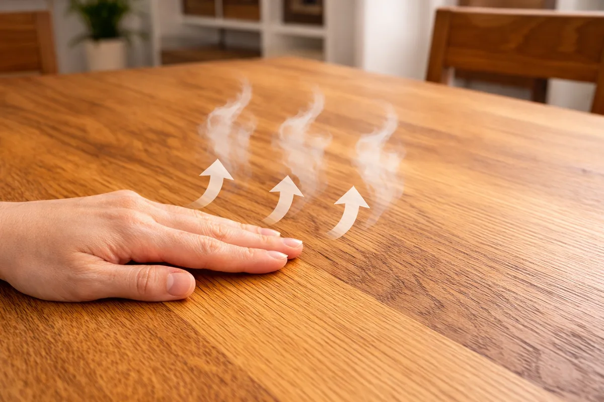 Hand auf naturbelassenem Massivholztisch mit Pfeilen als Symbol für offenporige, atmungsaktive Holzpflege durch Schönbuch Holzöl