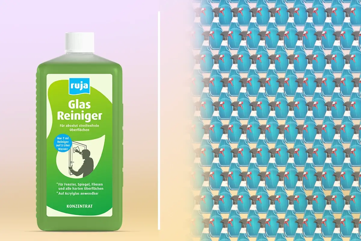 Eine Flasche ruja Glasreiniger im Vergleich zu 200 herkömmlichen Sprühflaschen