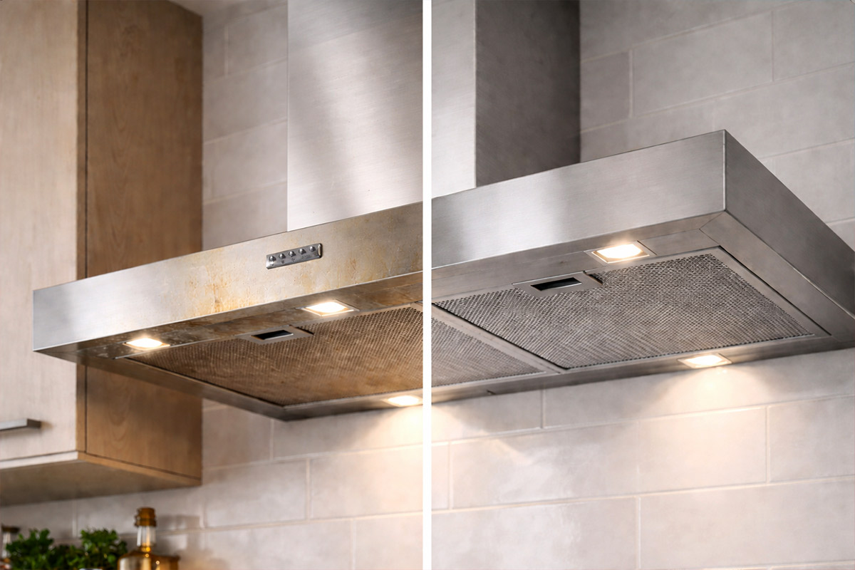 Ein vorher-nachher-Bild einer fettigen Dunstabzugshaube nach der Reinigung mit ruja Tausendsassa