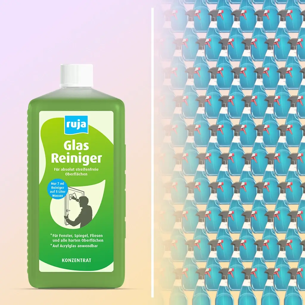 Eine Flasche ruja Glasreiniger im Vergleich zu über 100 herkömmlichen Sprühflaschen