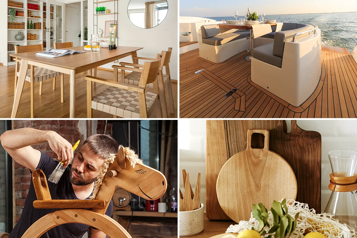 Schönbuch Holzöl im Einsatz auf Holzmöbeln, Holzspielzeug, Schneidebrettern und Holzoberflächen im Innen- und Außenbereich