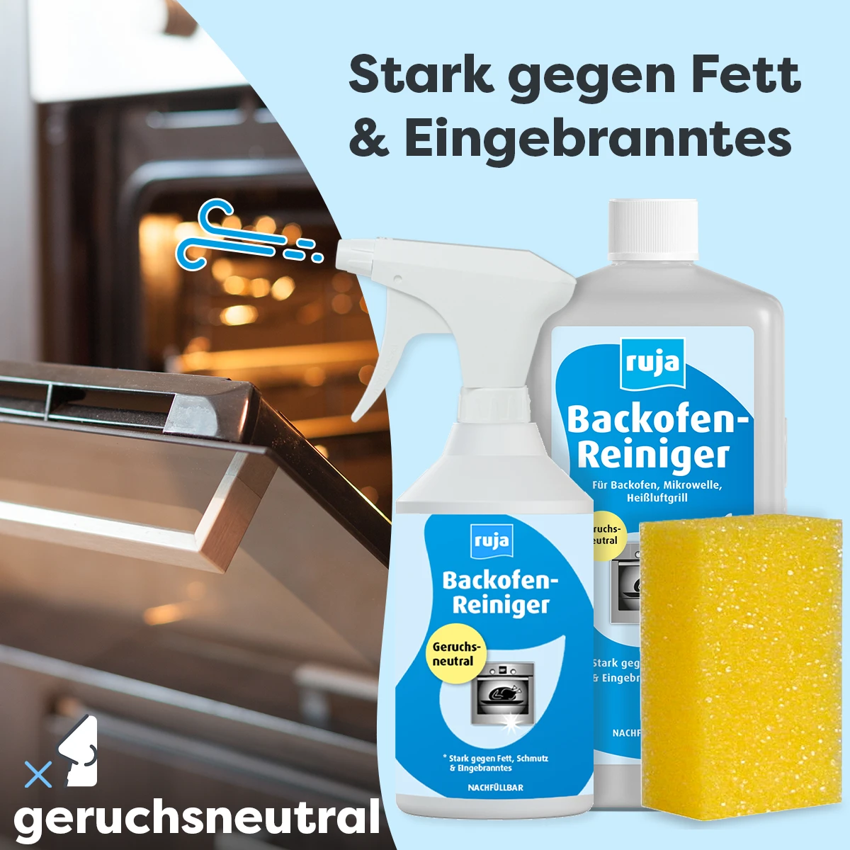 Backofen-Reiniger | 500 ml Sprühflasche + 1 l Nachfüllflasche im Set inkl. Spezialschwamm