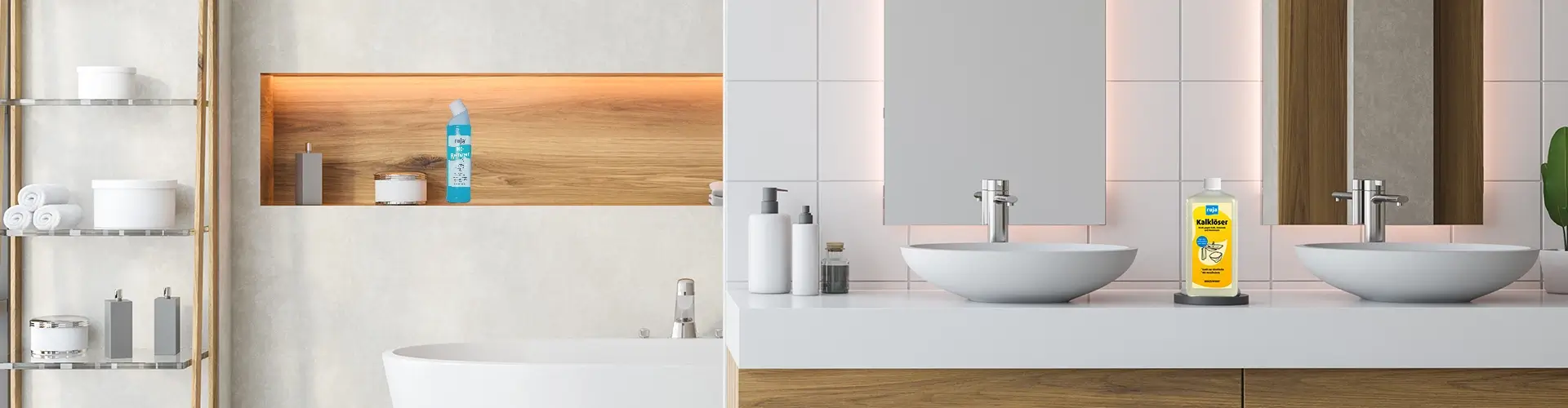 Ein modernes weiß gefliestes Bad mit indirekter warmweißer LED-Beleuchtung