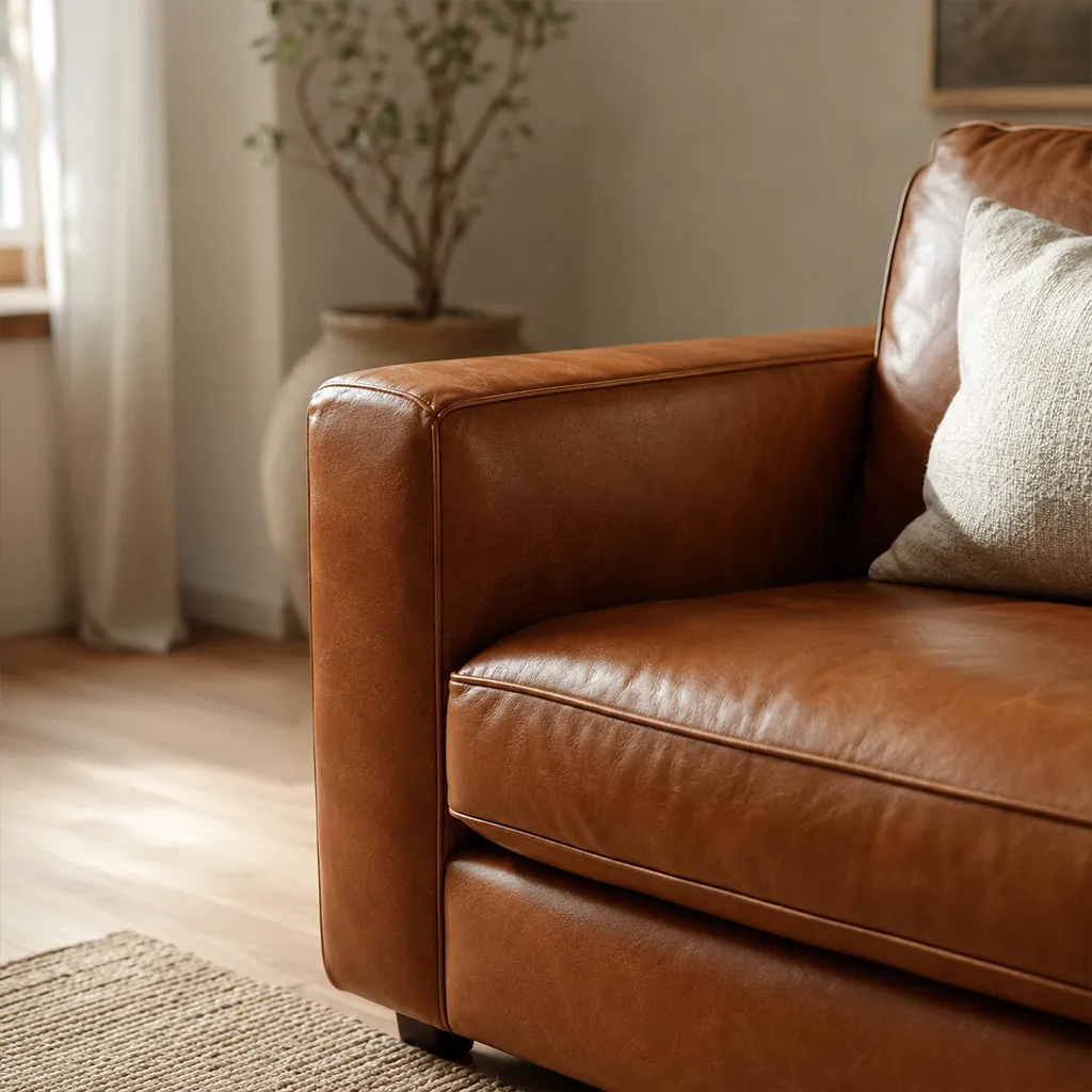 etailaufnahme eines gepflegten, cognacfarbenen Ledersofas mit sichtbarer, feiner Ledermaserung