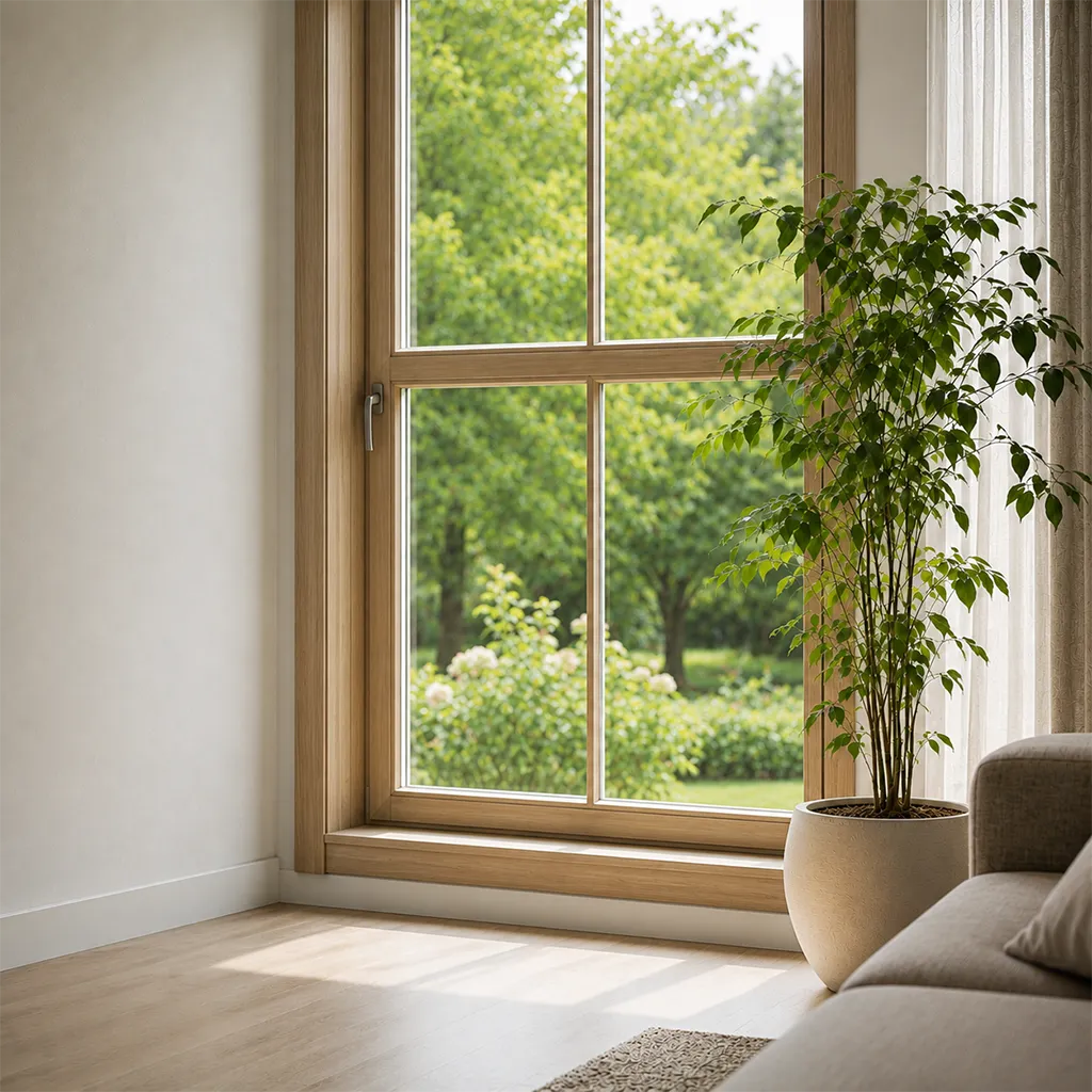 Großes, frisch geputztes Wohnzimmerfenster, davor eine Zimmerpflanze und draußen unscharfes Grün.